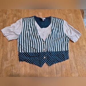 EUC VINTAGE Britland blue and white striped and Polka Dot Button-Up Top